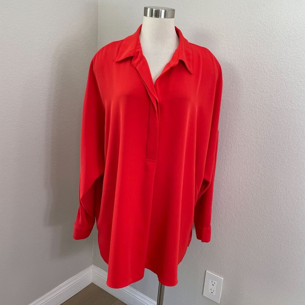 Catherine Malandrino Womens Plus‎ 3X Red Long Sleeve Collared Blouse Shirt Top
